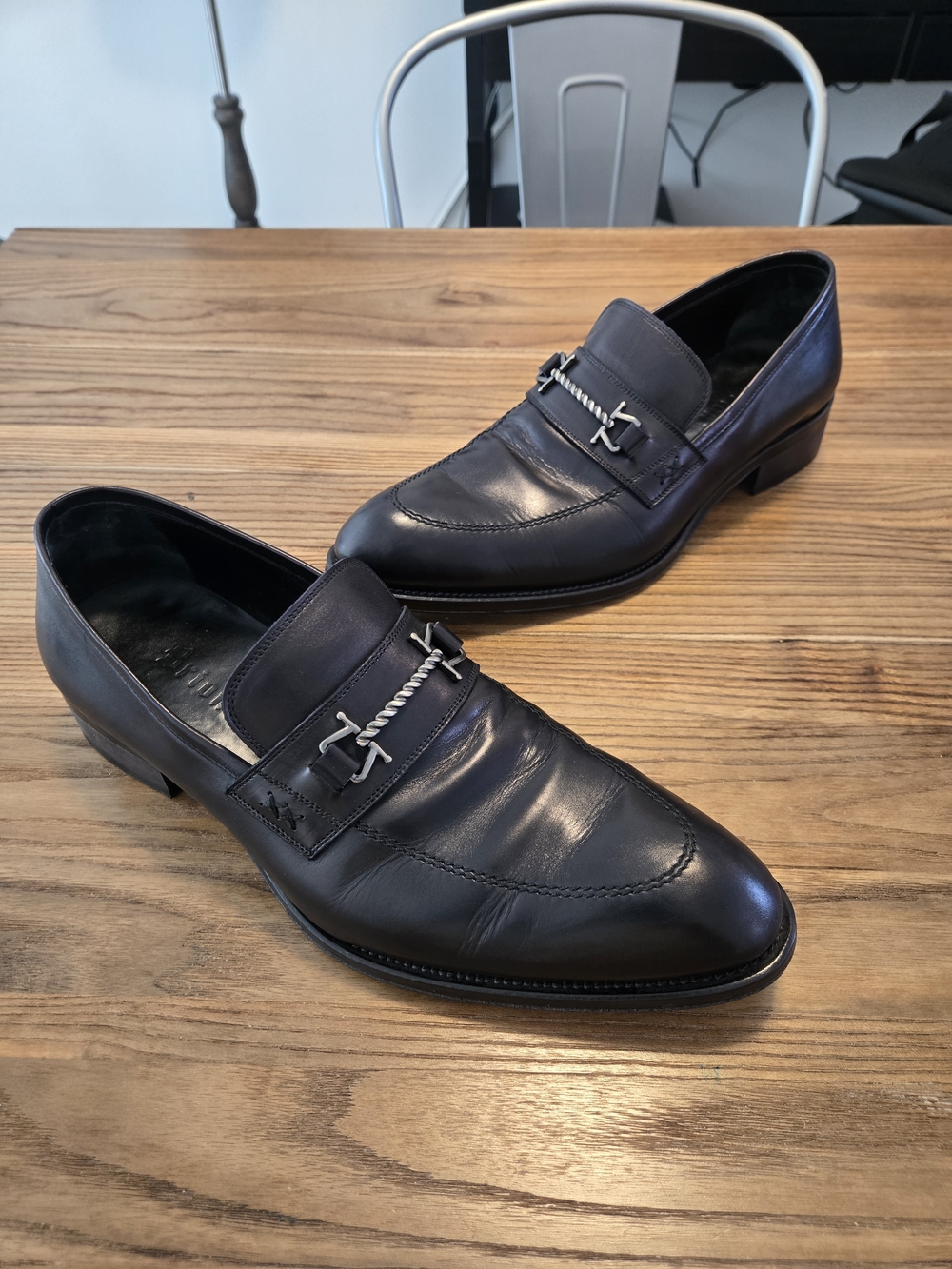 BRIONI Black Leather Block Heeled Almond-Toe Men's Penny Loafers Size 11 - Picture 2 of 12